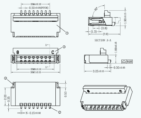 0.5-10p前插后翻fpc连接器H1.0