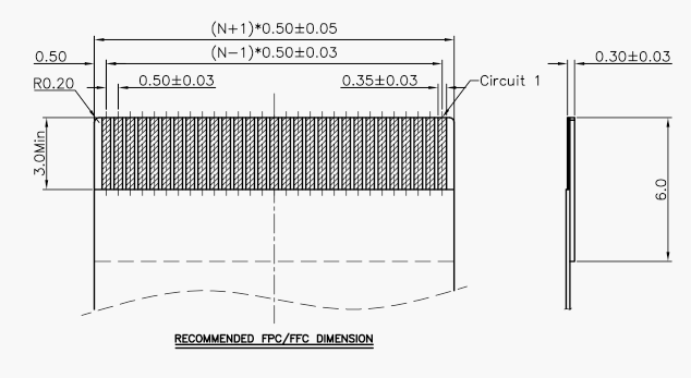 0.5间距H2.0翻盖下接FPC连接器对应排线规格图